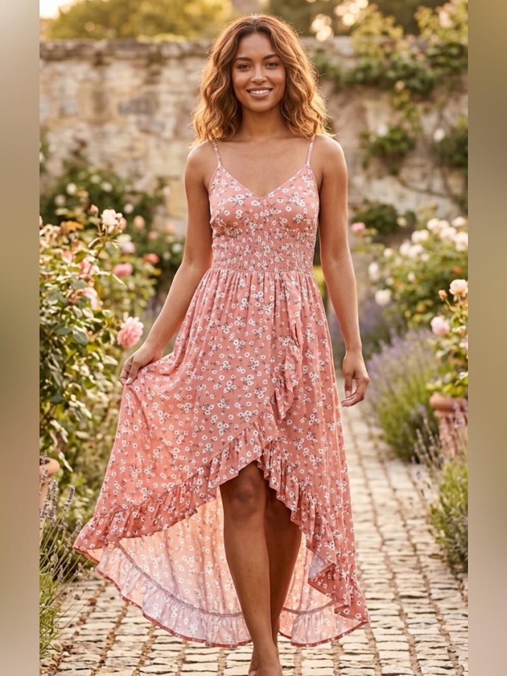 Vine and valley Coral Floral Smocked Maxi Dress with Ruffle High-Low Hem size M